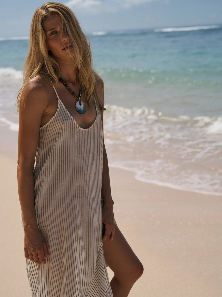 Yaz Dress - Khaki Green Stripes by The Handloom The Handloom