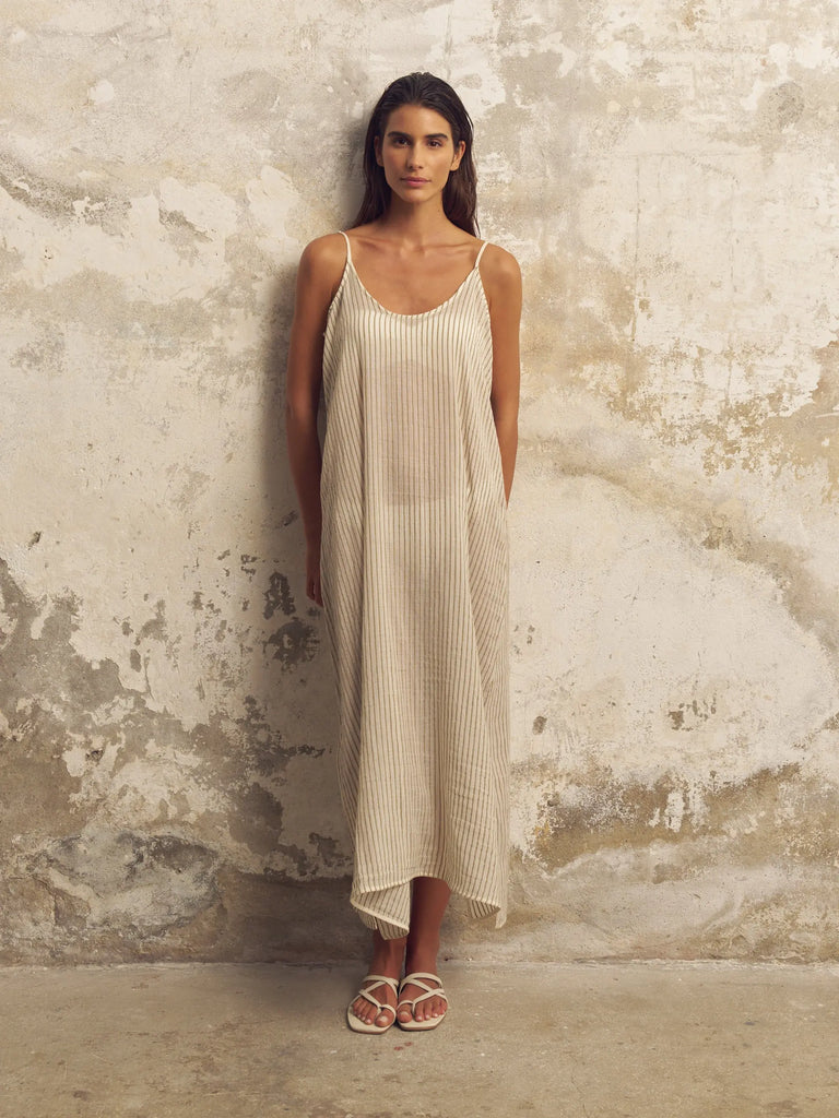 Yaz Dress - Khaki Green Stripes by The Handloom The Handloom