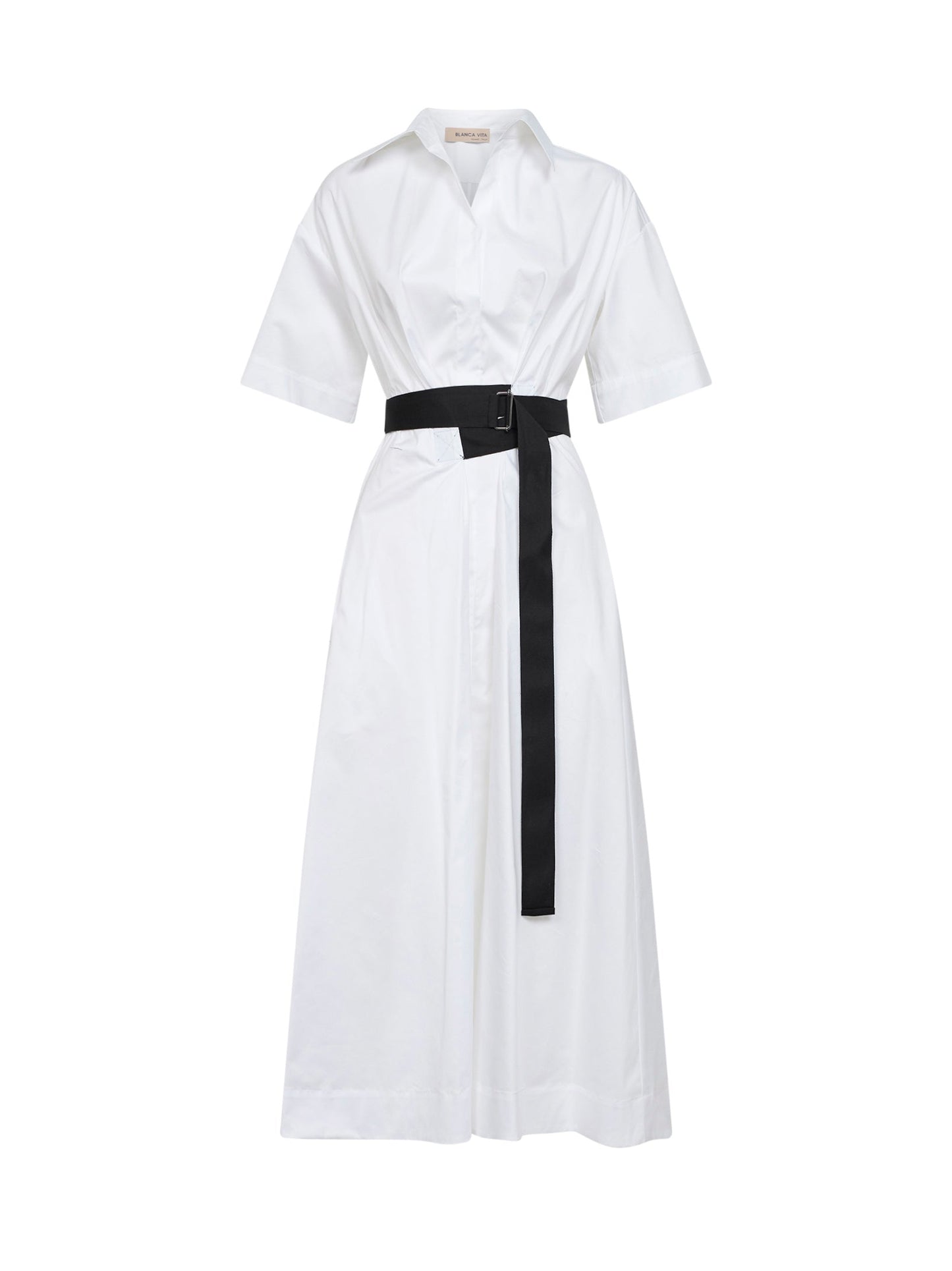 White Stretch Poplin Belted Midi Dress