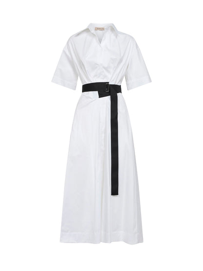 White Stretch Poplin Belted Midi Dress