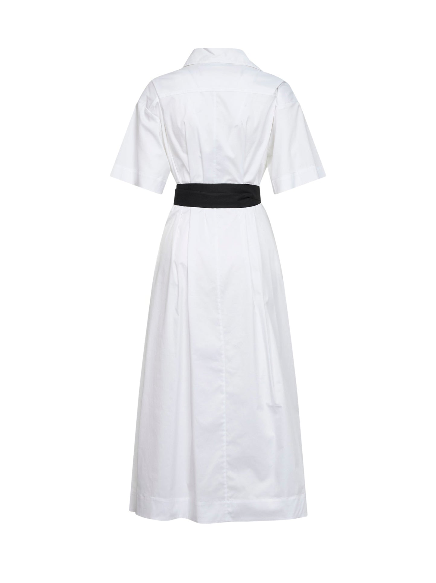 White Stretch Poplin Belted Midi Dress
