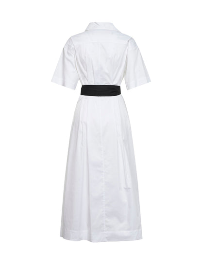 White Stretch Poplin Belted Midi Dress