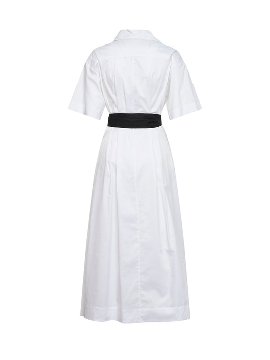White Stretch Poplin Belted Midi Dress