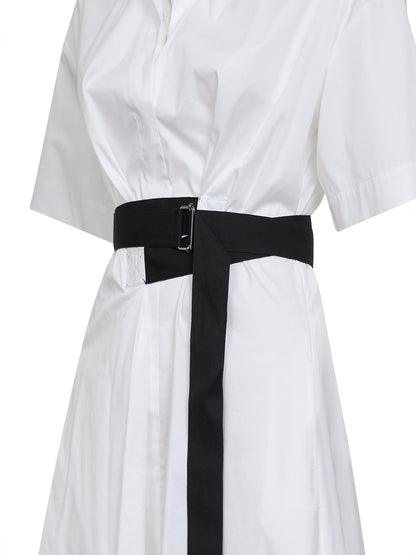 White Stretch Poplin Belted Midi Dress