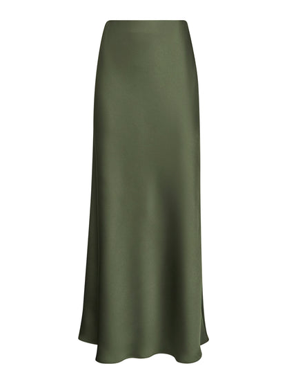 Green Satin Long Flared Skirt