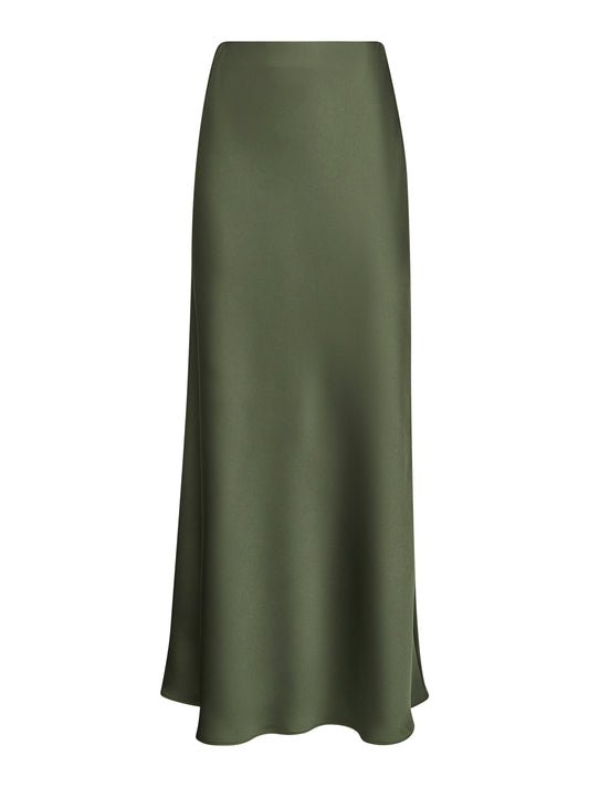 Green Satin Long Flared Skirt