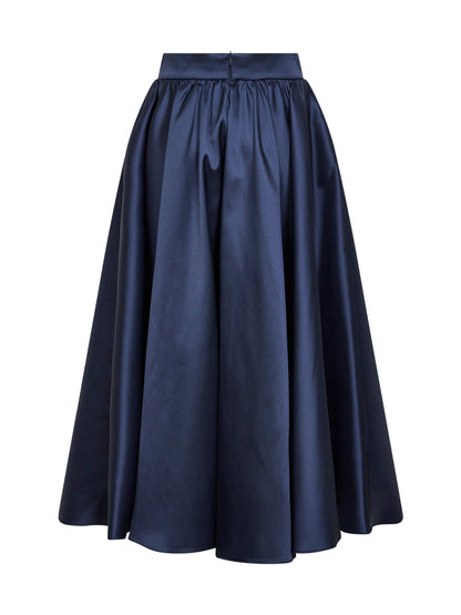 Navy Satin Geky Full Midi Skirt